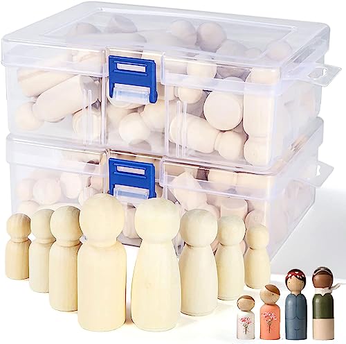 100 Pack Wooden Peg Dolls Unfinished, Wooden Peg People with Box, Wooden People Figures to Paint, Doll Bodies, Decorative Peg Doll People for DIY Art EATHEATY