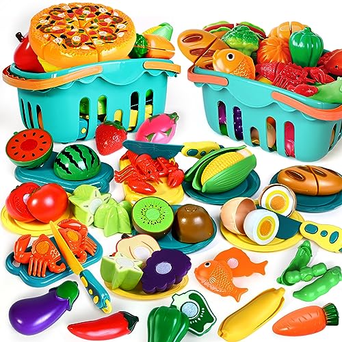 100 Pcs Play Food Set for Kids Kitchen, Pretend Food Toy for Toddlers Age 1-3, Plastics Cutting Fake Food/ Fruit/ Vegetable Accessories with 2 BAODLON