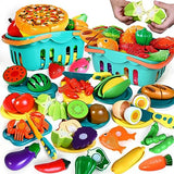 100 Pcs Play Food Set for Kids Kitchen, Pretend Food Toy for Toddlers Age 1-3, Plastics Cutting Fake Food/ Fruit/ Vegetable Accessories with 2 BAODLON