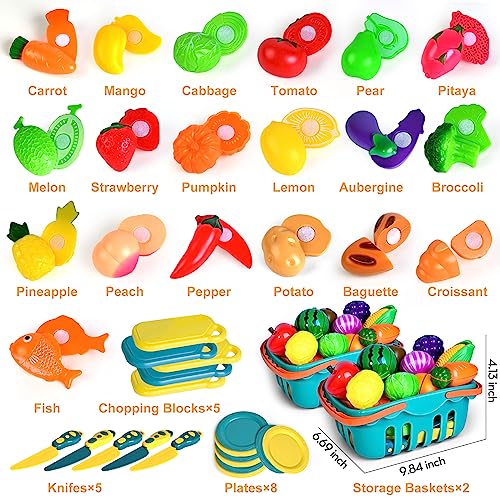 100 Pcs Play Food Set for Kids Kitchen, Pretend Food Toy for Toddlers Age 1-3, Plastics Cutting Fake Food/ Fruit/ Vegetable Accessories with 2 BAODLON
