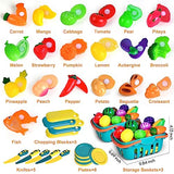 100 Pcs Play Food Set for Kids Kitchen, Pretend Food Toy for Toddlers Age 1-3, Plastics Cutting Fake Food/ Fruit/ Vegetable Accessories with 2 BAODLON
