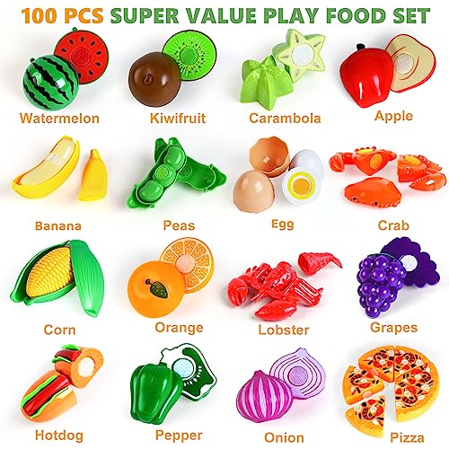 100 Pcs Play Food Set for Kids Kitchen, Pretend Food Toy for Toddlers Age 1-3, Plastics Cutting Fake Food/ Fruit/ Vegetable Accessories with 2 BAODLON