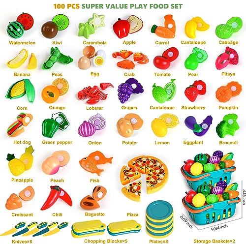 100 Pcs Play Food Set for Kids Kitchen, Pretend Food Toy for Toddlers Age 1-3, Plastics Cutting Fake Food/ Fruit/ Vegetable Accessories with 2 BAODLON