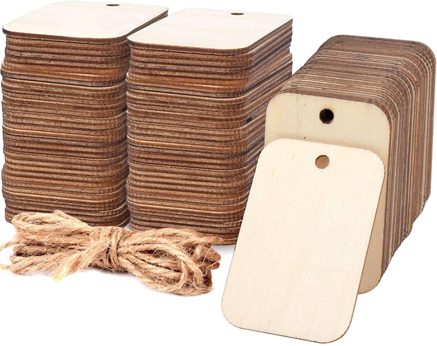 100 Pcs Unfinished Wood Pieces Rectangle-Shaped, Light Wooden Cutout Natural Rustic with Hole, and 2M Hemp Rope (2” X 1.3”) WoodArtSupply