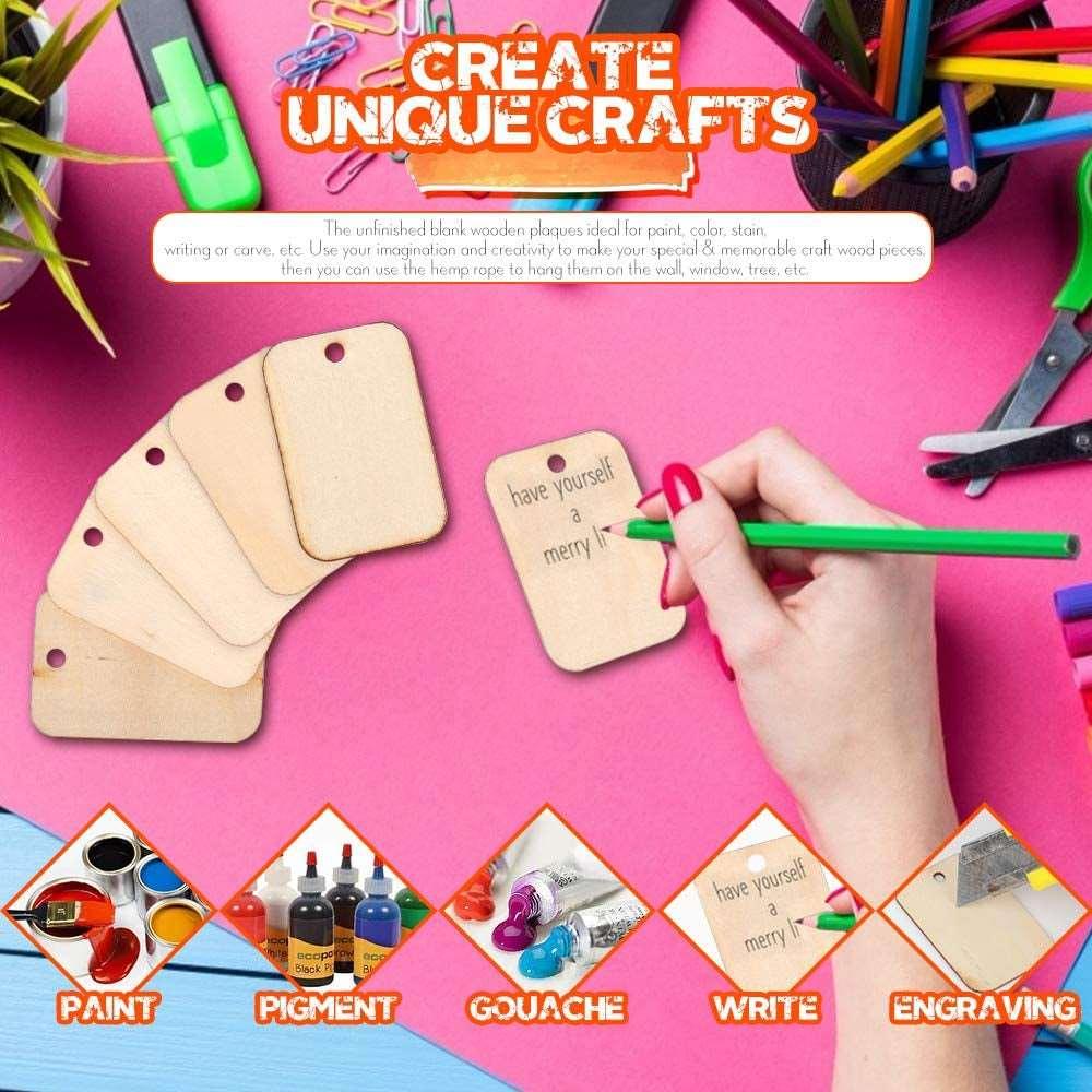 100 Pcs Unfinished Wood Pieces Rectangle-Shaped, Light Wooden Cutout Natural Rustic with Hole, and 2M Hemp Rope (2” X 1.3”) WoodArtSupply
