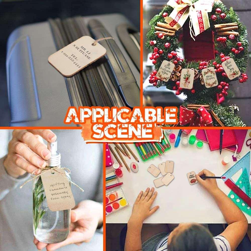 100 Pcs Unfinished Wood Pieces Rectangle-Shaped, Light Wooden Cutout Natural Rustic with Hole, and 2M Hemp Rope (2” X 1.3”) WoodArtSupply