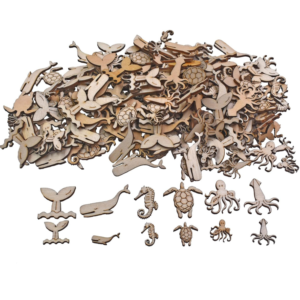100 Pcs Unfinished Wooden Ocean Sea Animal Life Cutouts Blanks Whale Ocean Crafting Home Wooden Life Craft Art Project for Ornament Crafts Ynxee