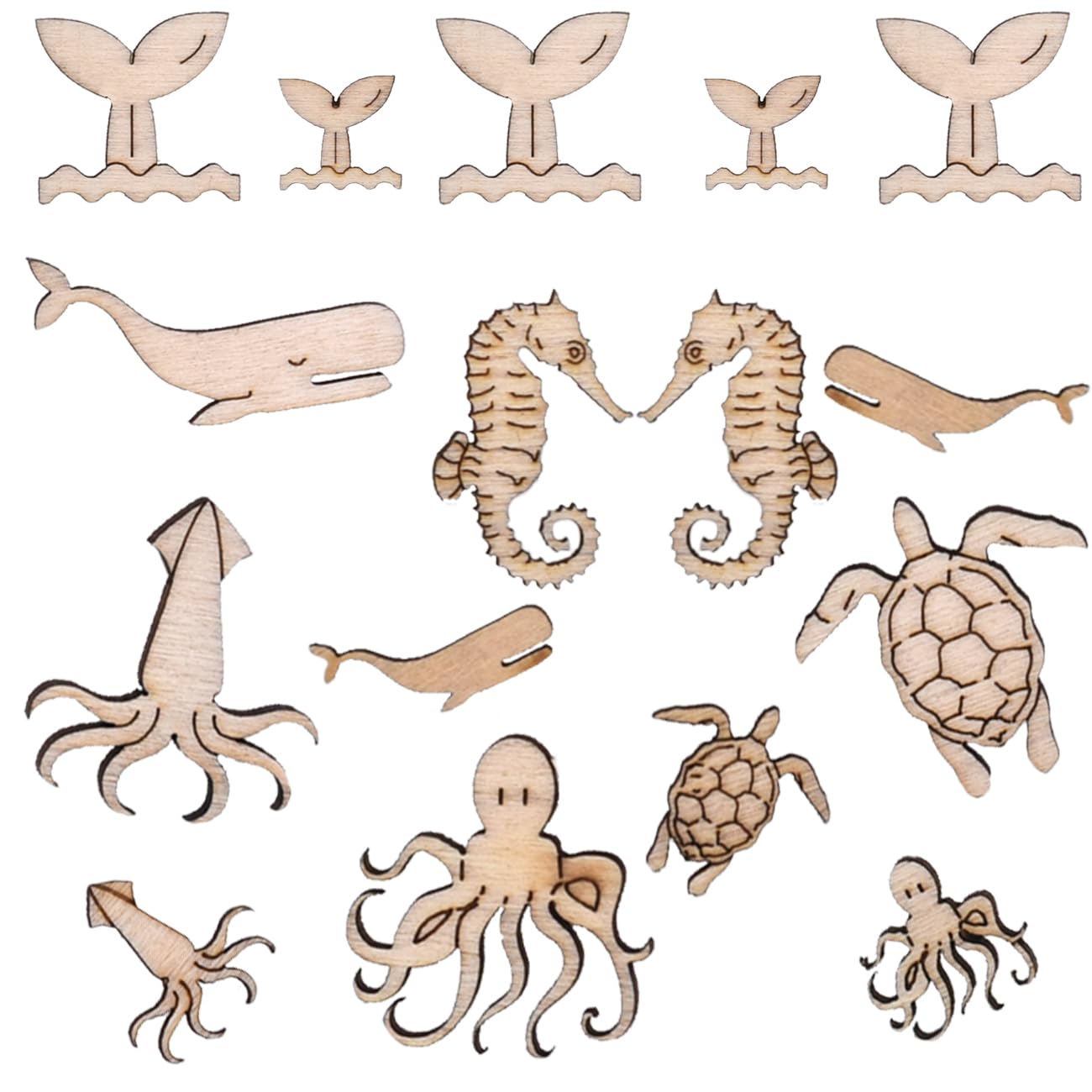 100 Pcs Unfinished Wooden Ocean Sea Animal Life Cutouts Blanks Whale Ocean Crafting Home Wooden Life Craft Art Project for Ornament Crafts Ynxee