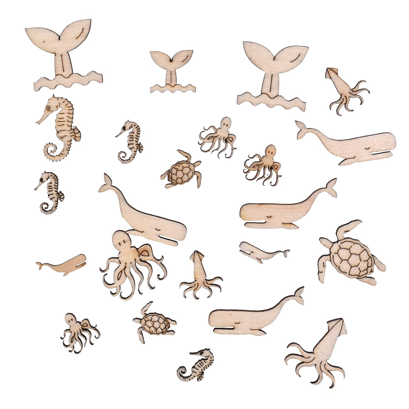 100 Pcs Unfinished Wooden Ocean Sea Animal Life Cutouts Blanks Whale Ocean Crafting Home Wooden Life Craft Art Project for Ornament Crafts Ynxee