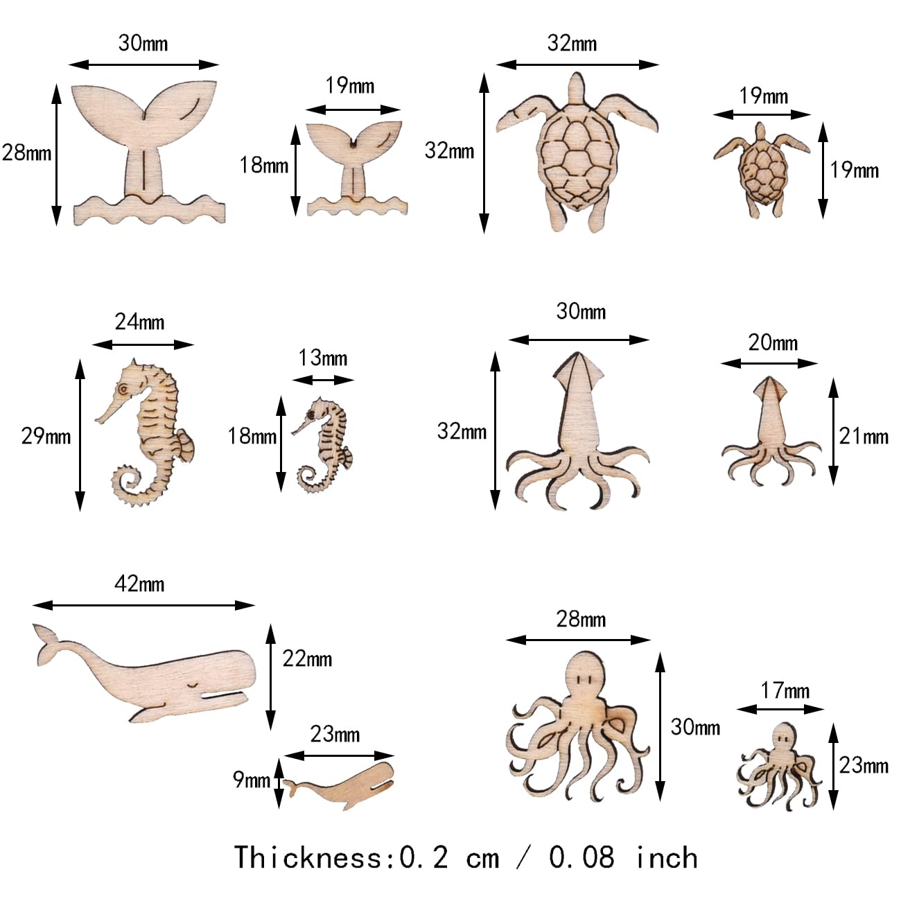 100 Pcs Unfinished Wooden Ocean Sea Animal Life Cutouts Blanks Whale Ocean Crafting Home Wooden Life Craft Art Project for Ornament Crafts Ynxee