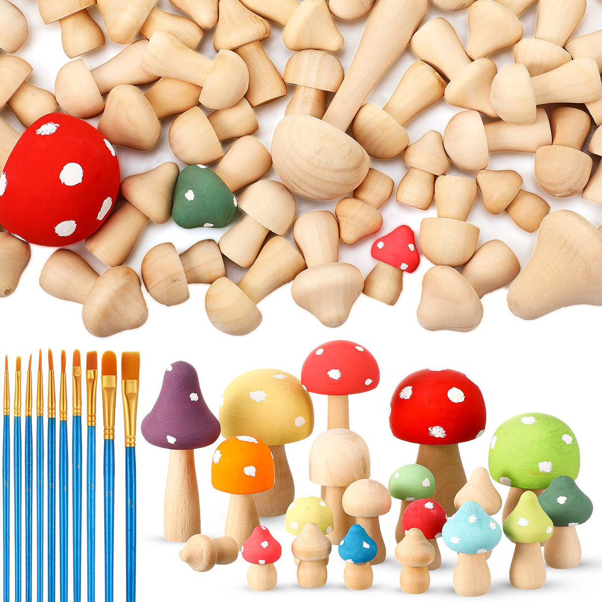 100 Pcs Wooden Mushrooms with Paintbrushes Unfinished Mini Natural Wood Mushroom Decor Wooden Mushrooms to Paint Wood Mushroom for Crafts and Arts, Roowest