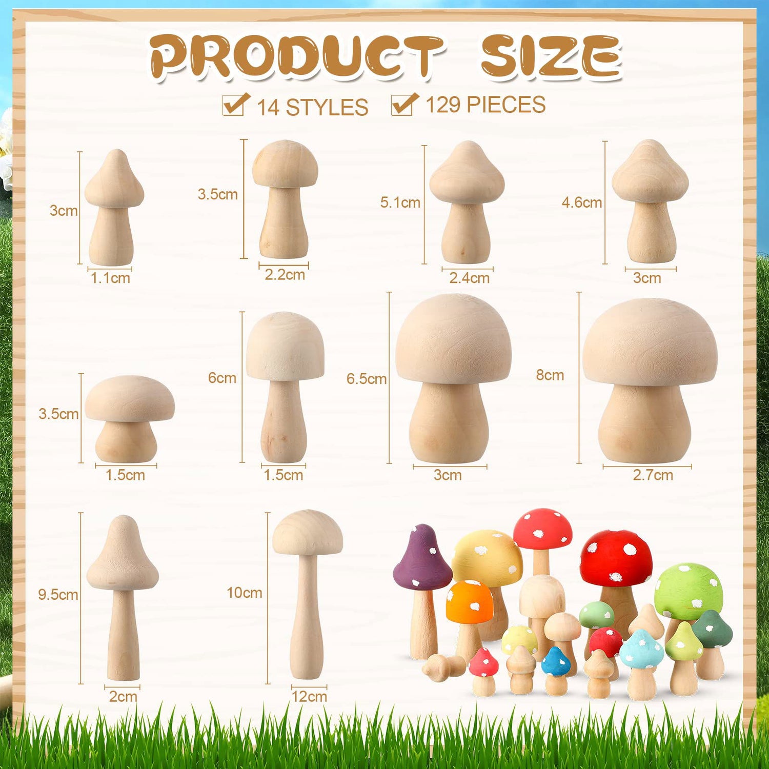 100 Pcs Wooden Mushrooms with Paintbrushes Unfinished Mini Natural Wood Mushroom Decor Wooden Mushrooms to Paint Wood Mushroom for Crafts and Arts, Roowest