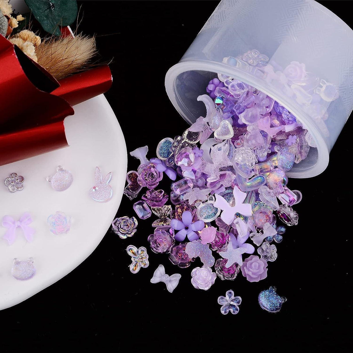 100 Pieces 3D Resin Butterfly Bear Nail Charms Rose Flower Peach Skirt Bow Deer Snake Rabbit Animal Shaped Nail Art Rhinestones Pearls for DIY Nail WoodArtSupply