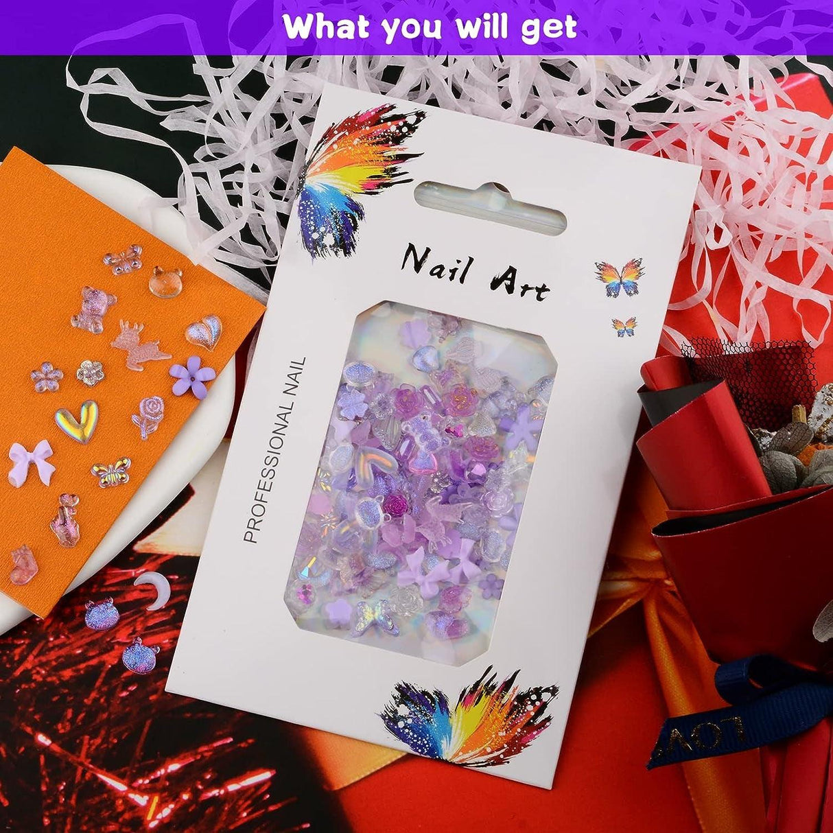 100 Pieces 3D Resin Butterfly Bear Nail Charms Rose Flower Peach Skirt Bow Deer Snake Rabbit Animal Shaped Nail Art Rhinestones Pearls for DIY Nail WoodArtSupply