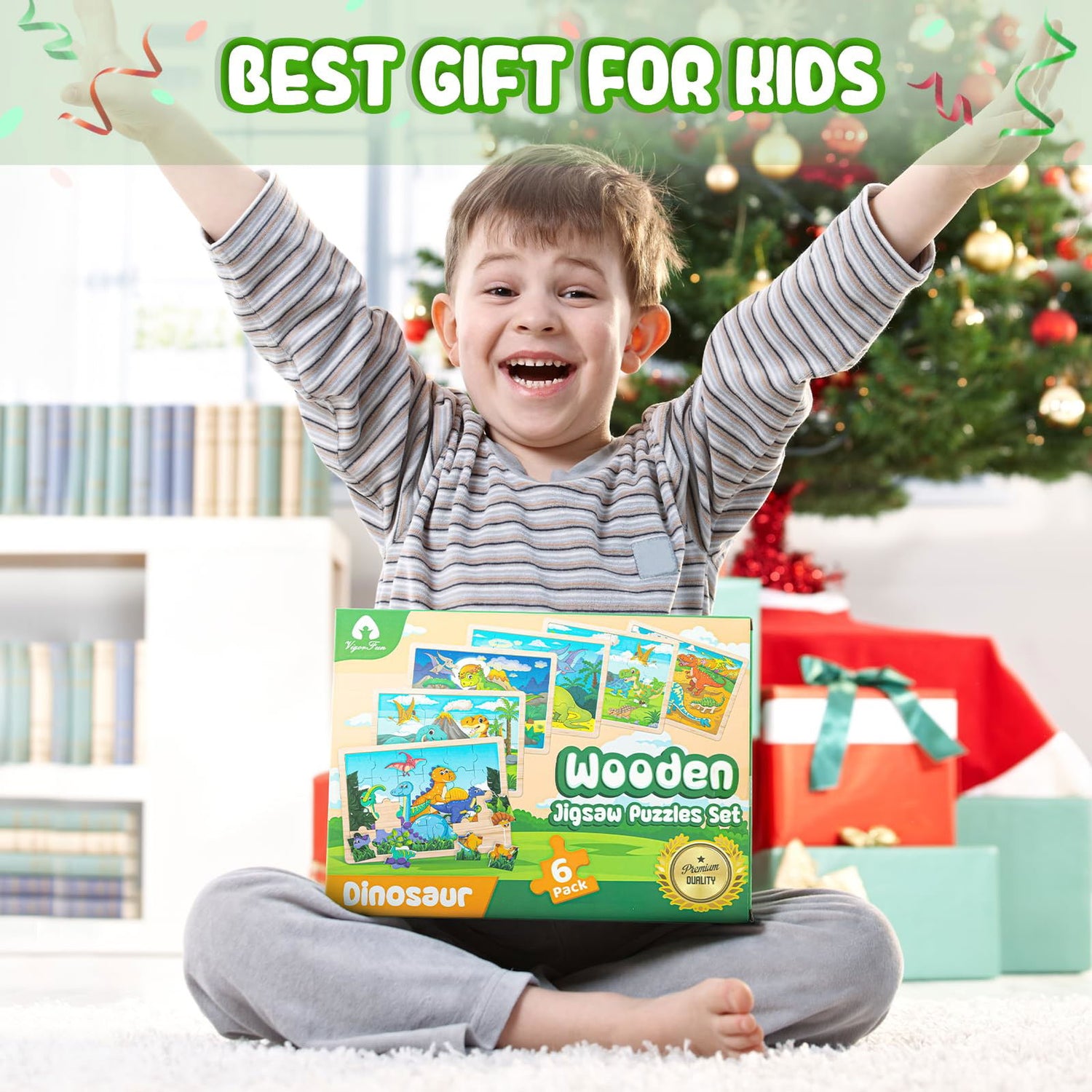 100 Pieces Deluxe Wooden Pastels Set with Blessing & 6 Pack Wooden Dinosaur Puzzles for Kids Ages 3-5 with Gift Case VigorFun