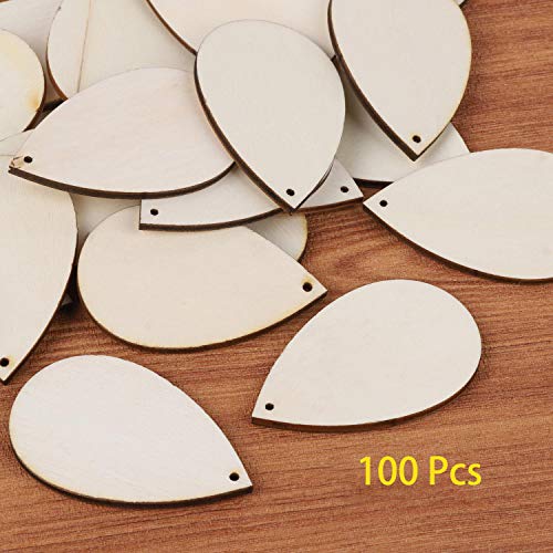 100 Pieces Unfinished Blank Wood Teardrop Earring Pendant for Christmas Tree Decoration, Jewelry Supplies and DIY Making, 1.4 x 2.2 inch Ourart