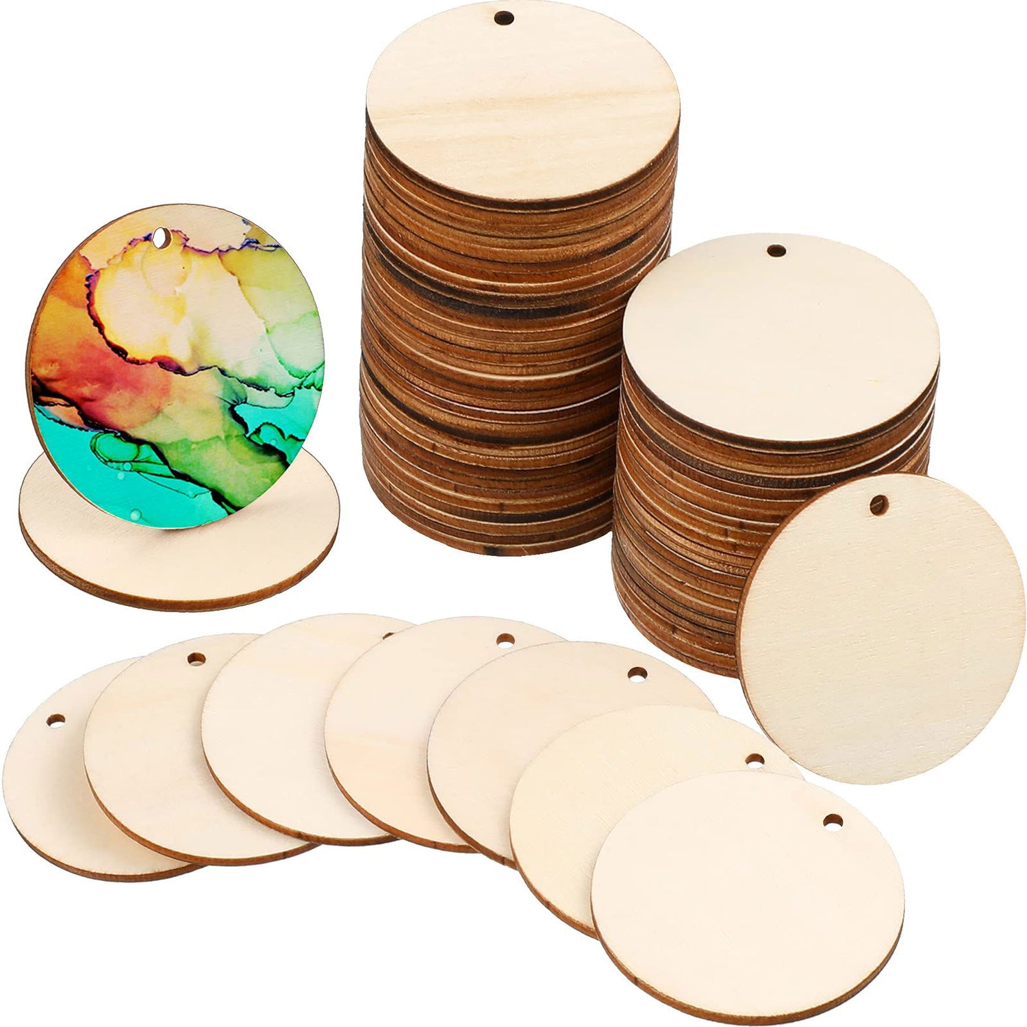 100 Pieces Unfinished Round Wooden Circles with Holes Round Wood Discs for Crafts Blank Natural Wood Circle Cutouts for DIY Crafts Party Birthday ROORUZ