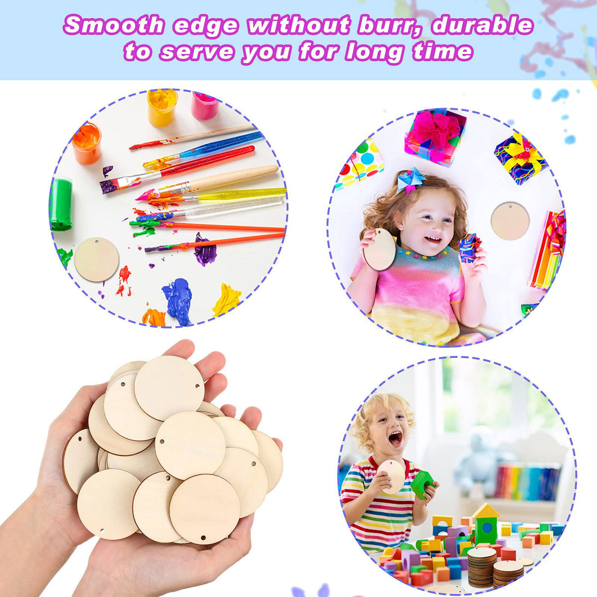 100 Pieces Unfinished Round Wooden Circles with Holes Round Wood Discs for Crafts Blank Natural Wood Circle Cutouts for DIY Crafts Party Birthday ROORUZ