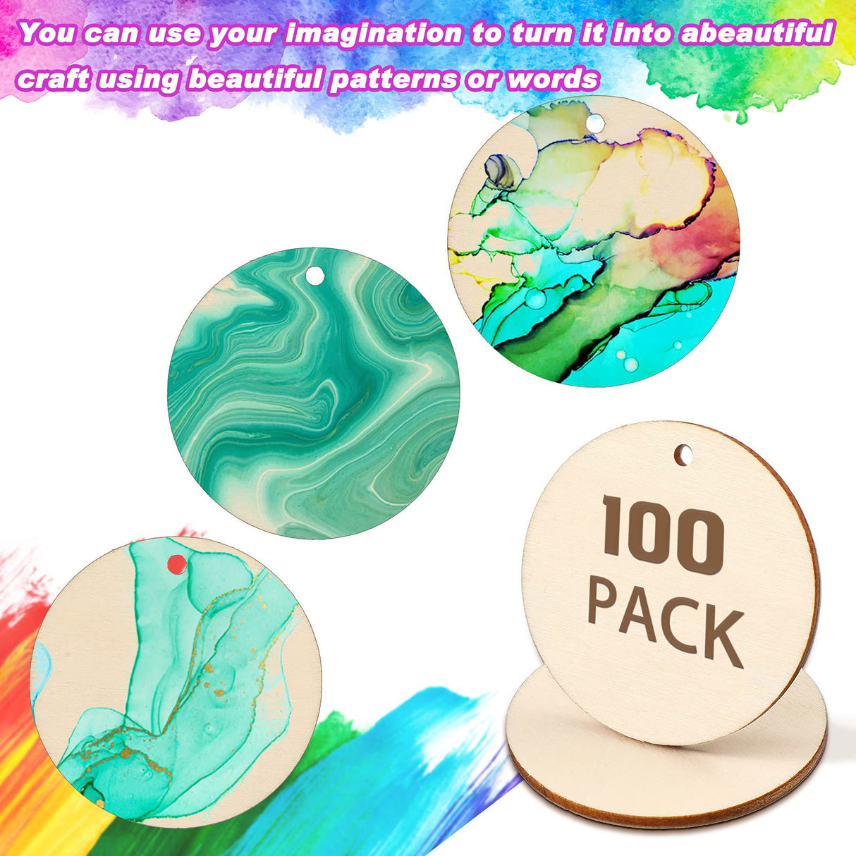 100 Pieces Unfinished Round Wooden Circles with Holes Round Wood Discs for Crafts Blank Natural Wood Circle Cutouts for DIY Crafts Party Birthday ROORUZ