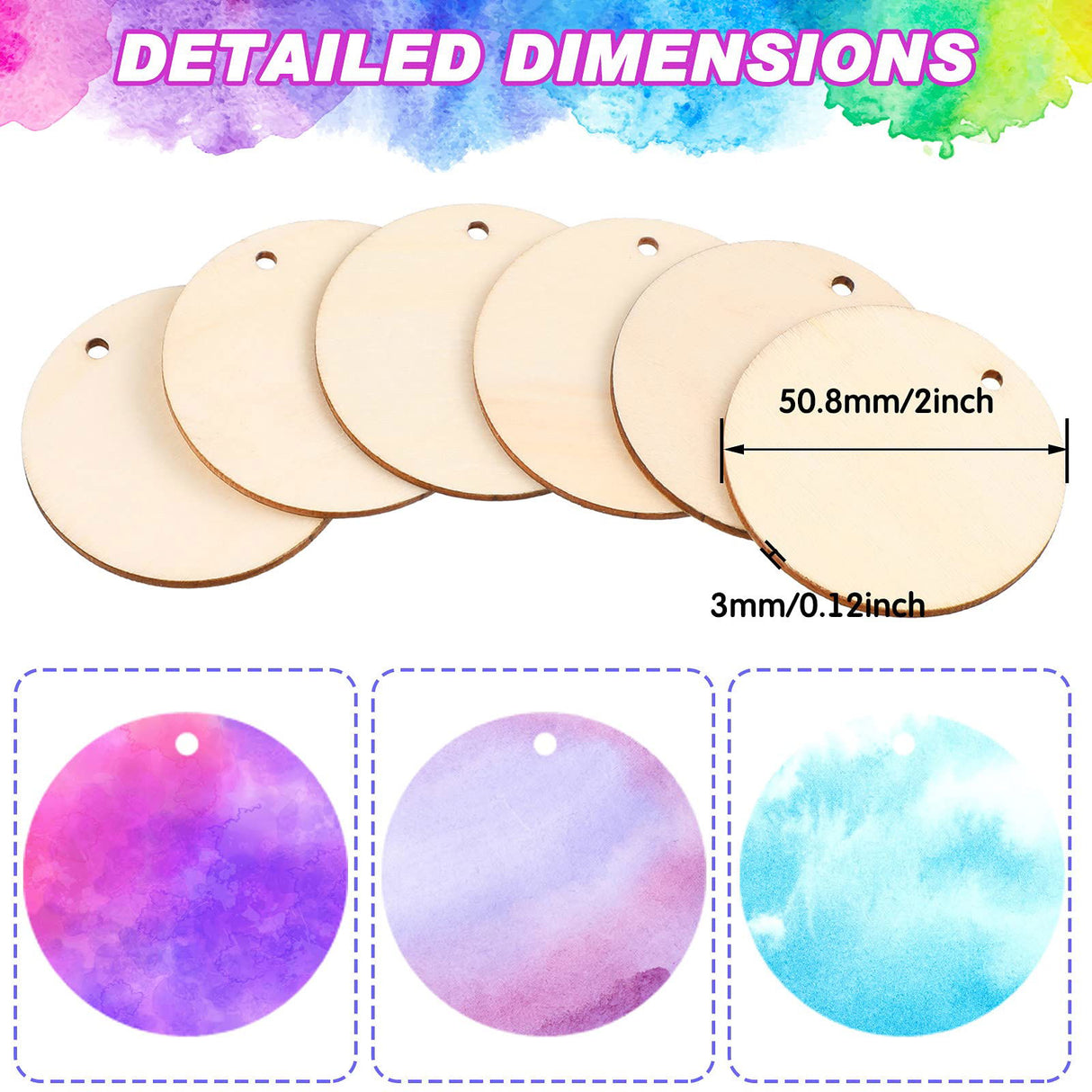 100 Pieces Unfinished Round Wooden Circles with Holes Round Wood Discs for Crafts Blank Natural Wood Circle Cutouts for DIY Crafts Party Birthday ROORUZ