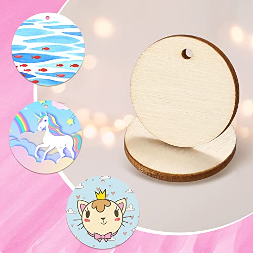 100 Pieces Unfinished Round Wooden Circles with Holes Round Wood Discs for Crafts Blank Natural Wood Circle Cutouts for DIY Crafts Party Birthday ROORUZ
