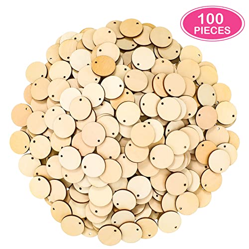 100 Pieces Unfinished Round Wooden Circles with Holes Round Wood Discs for Crafts Blank Natural Wood Circle Cutouts for DIY Crafts Party Birthday ROORUZ