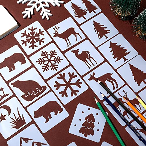100 Pieces Winter Forest Stencil Template for Painting Reusable Drawing Stencils Animal Plant Stencil, Stencils for Painting on Wood Craft Supplies Sinmoe