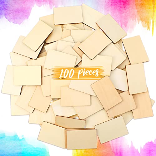 100 Pieces Wood Rectangles for Crafts 3 x 2 Inch Blank Wood Pieces Unfinished Wood Blanks Round Corner Wooden Cutout Tile Small Wooden Sheets for DIY Hoteam