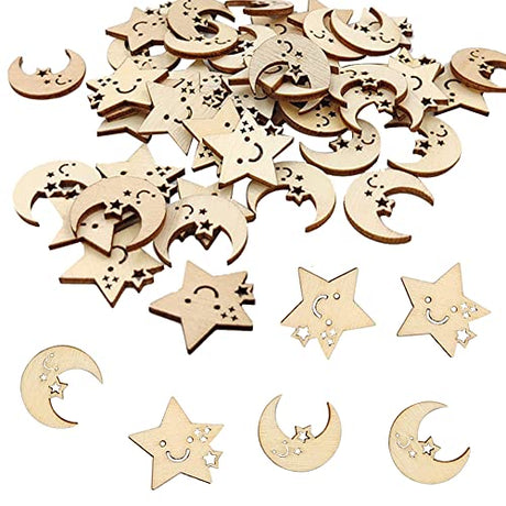 100 pcs Wooden Star Moon Shaped Unfinished Wood Slice DIY Craft Cutout Wooden Slices Embellishments Gift for Embellishments Table Decoration SSYHQAX