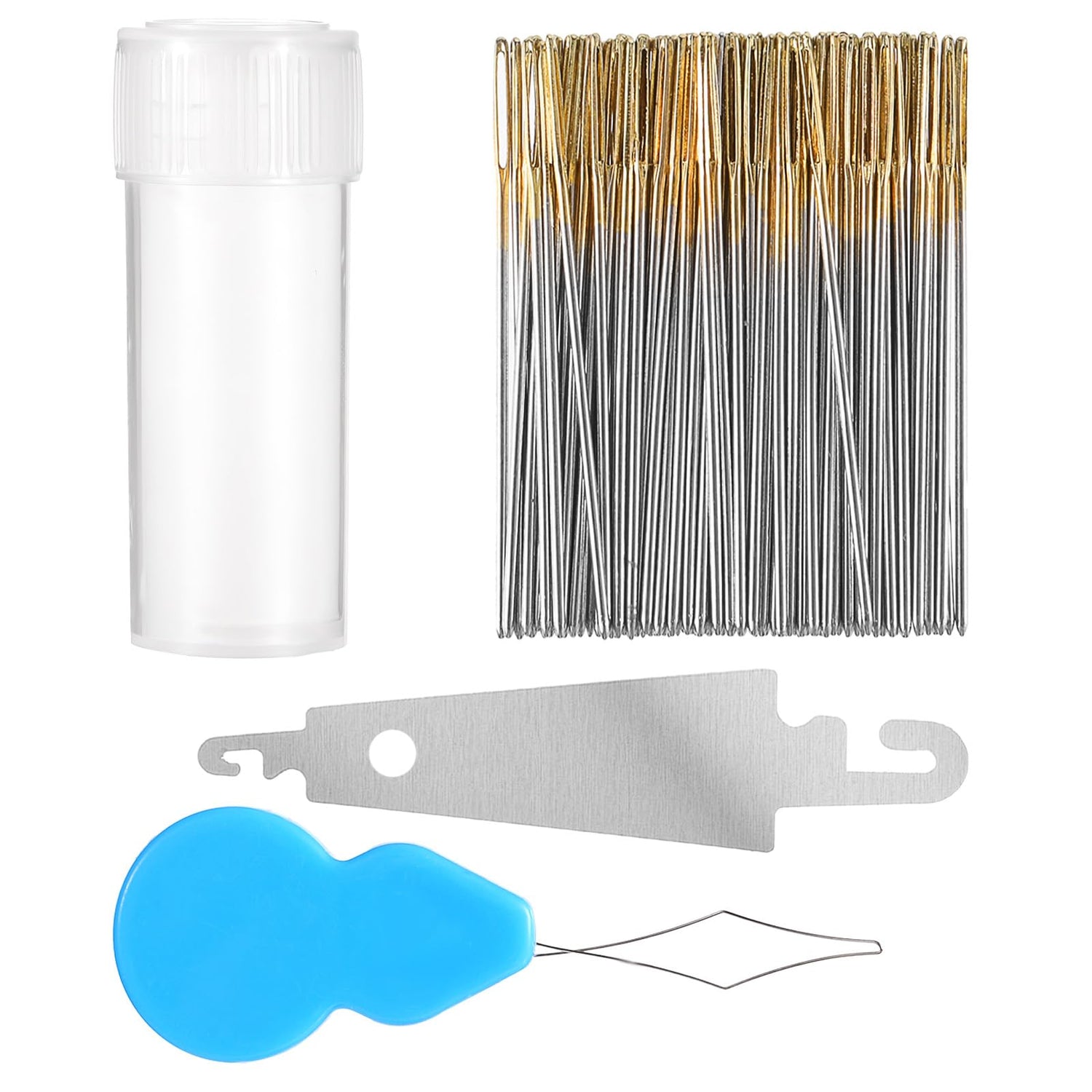 100pcs Cross Stitch Needles +2 Needle Threader Golden Color Large Eyes Cross Stitch DIY Embroidery Hand Needles Large Eyes Cross Stitch DIY Embroidery Hand Needles Sewing Needles in Transparent Box EupHHonycs