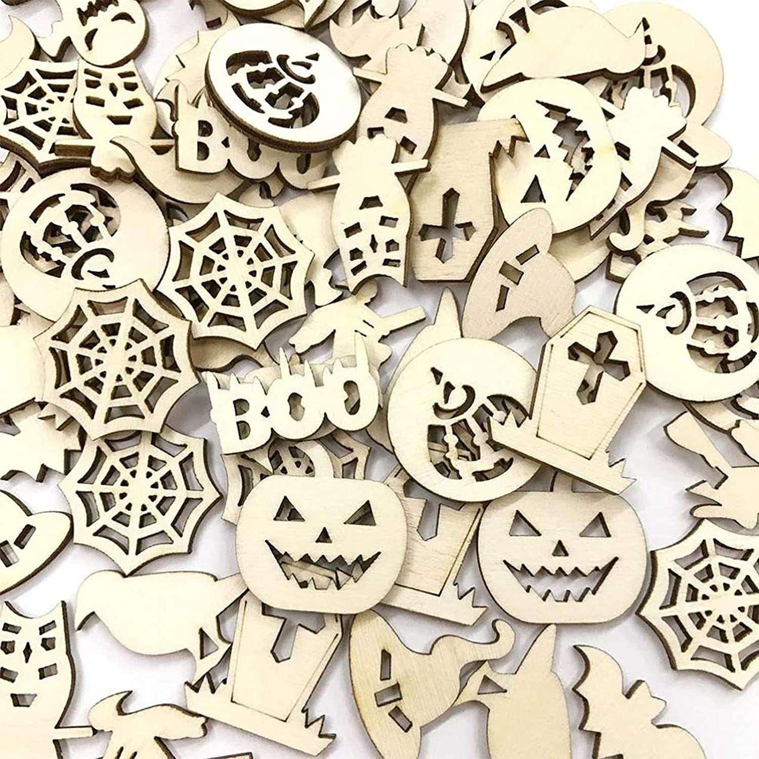 100Pcs Mini Halloween Wood DIY Crafts Cutouts Wooden Random Slices Gift Unfinished Ornaments for DIY Projects Party Decor - WoodArtSupply