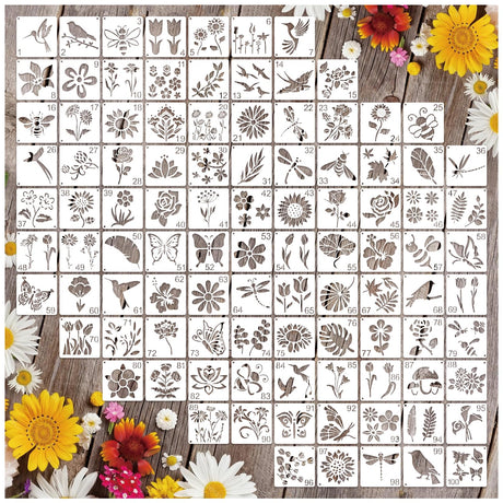 100Pcs Small Stencils for Rock Painting Reusable Small Flower Stencils for Crafts on Wood 2 Inch Nature Spring Flower Stencil Floral templates for Paint on Craft Fabric Card Walls Decor(Floral100) Hosomono