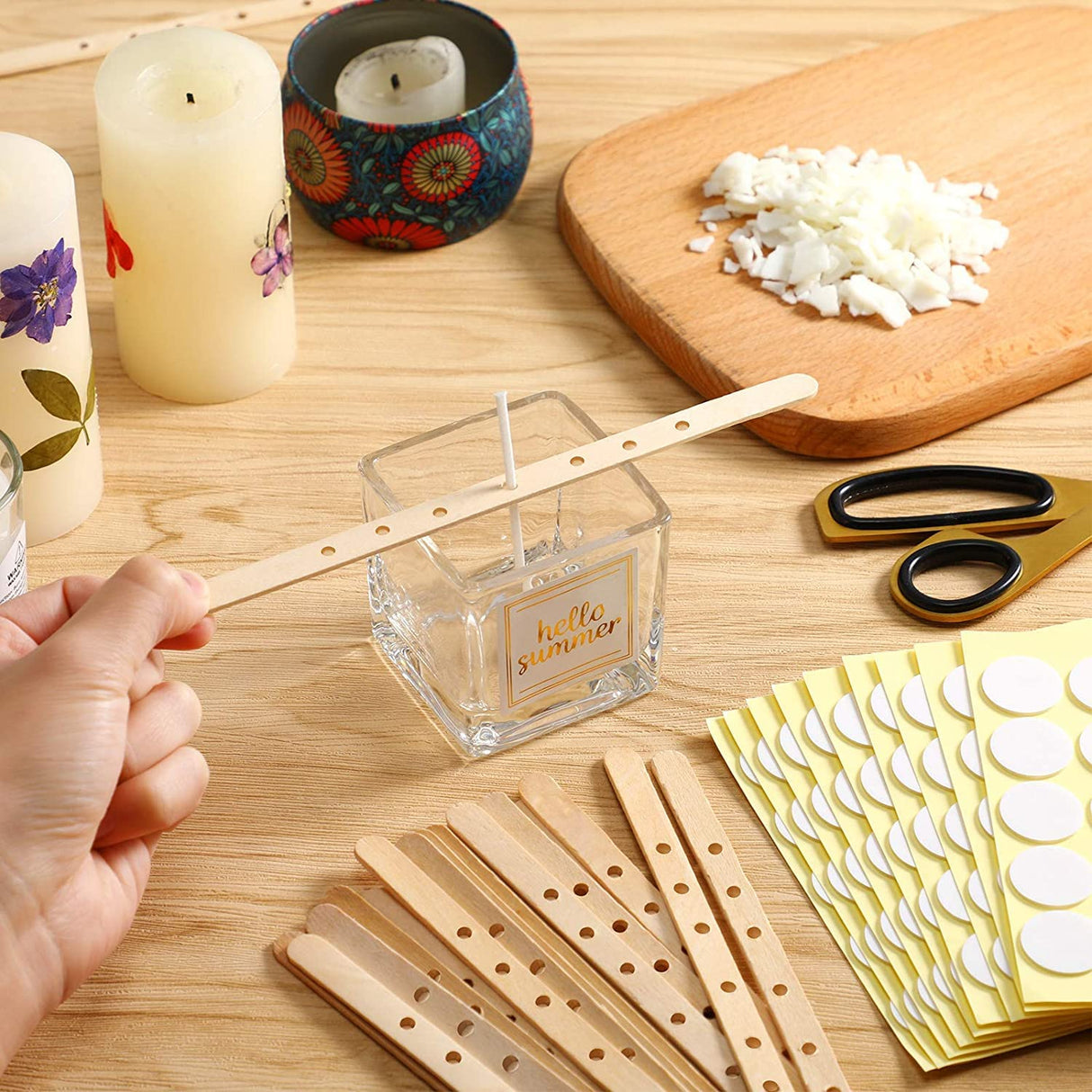 100pcs Wooden Candle Wick Holders - 3 Wick Candle Holders, Candle Making Wick Centering Tool with 7 Holes GSXRB