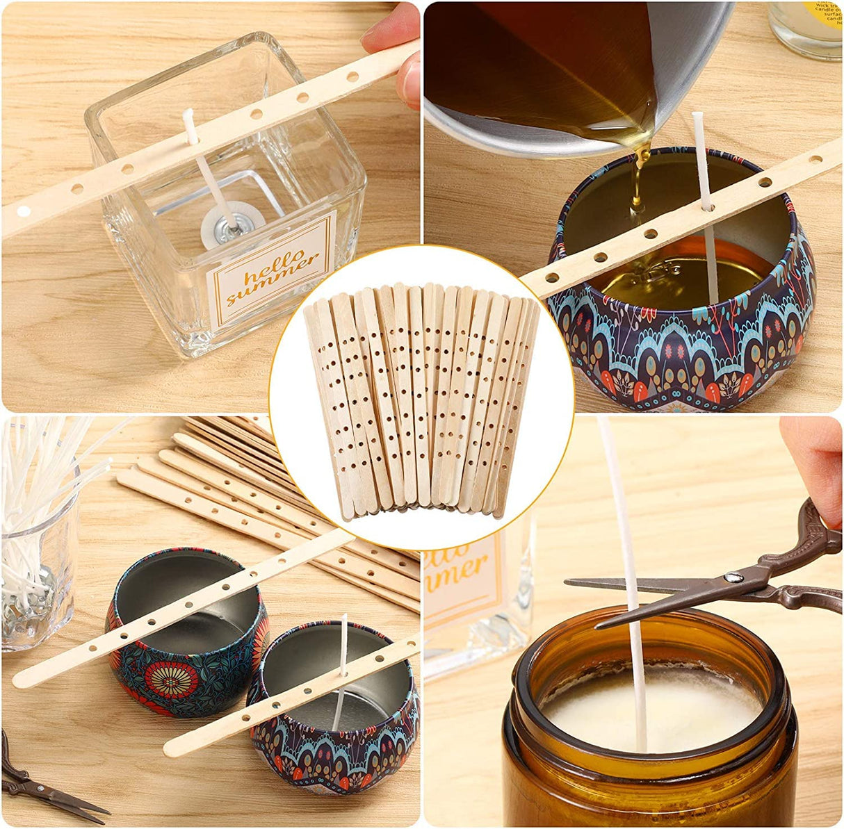 100pcs Wooden Candle Wick Holders - 3 Wick Candle Holders, Candle Making Wick Centering Tool with 7 Holes GSXRB
