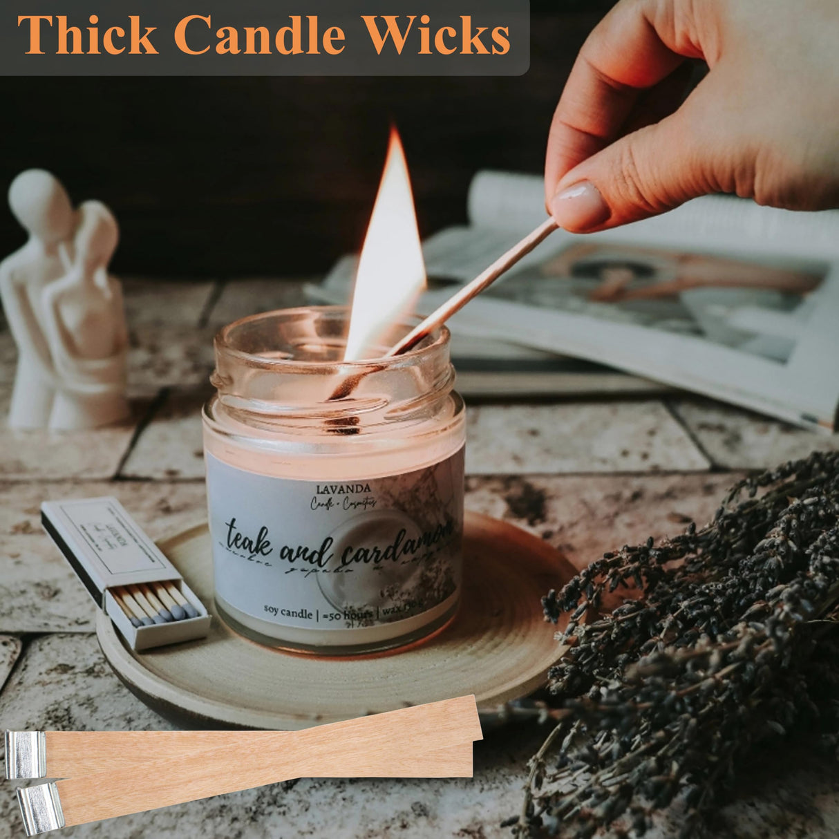 100pcs Wooden Candle Wicks 5.1 x 0.5 Inch, Smokeless Cherry Wood Wicks with Metal Clips, Includes Wick Trimmer, Perfect for Candle Making Kit and Soy Wax Candlemaking Bacofa