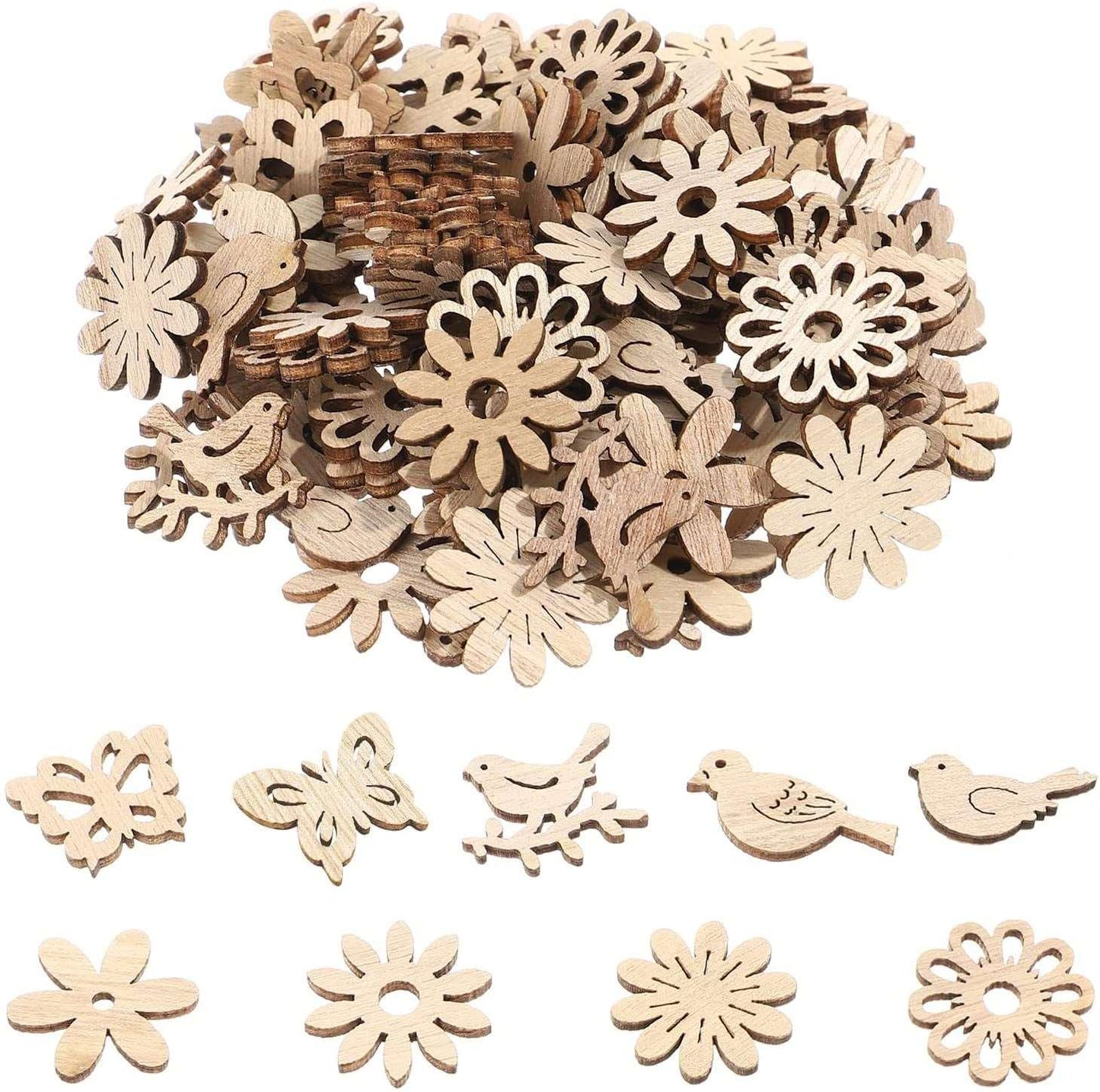 100Pcs Wooden Cutouts Wood Bird Butterfly Flower Slices Wooden Table Rustic for DIY Craft Making Supplies - WoodArtSupply