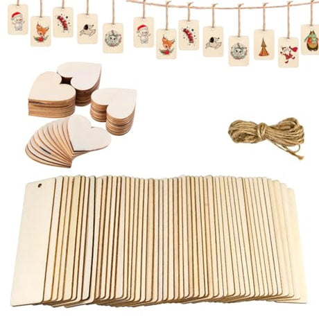 100pcs Heart Wooden for Craft with 30PCS Wood Blank Bookmarks, Unfinished Wood Hanging Tags Heart Rectangle Shape for Home and Holiday Christmas YACFUL