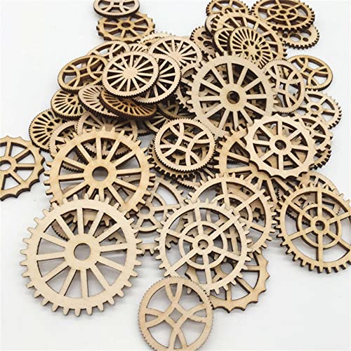 100pcs Mini Gear Wheels Wood Slices Wooden Gear Slices Embellishments Gift Unfinished Wood Ornaments for DIY Craft Decoration (Random Styles) JANOU