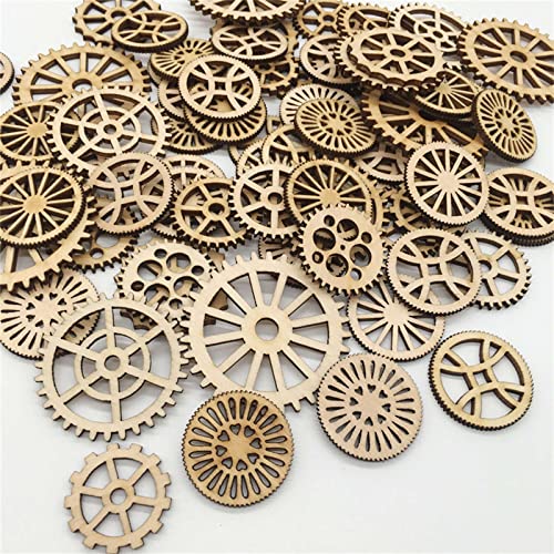 100pcs Mini Gear Wheels Wood Slices Wooden Gear Slices Embellishments Gift Unfinished Wood Ornaments for DIY Craft Decoration (Random Styles) JANOU