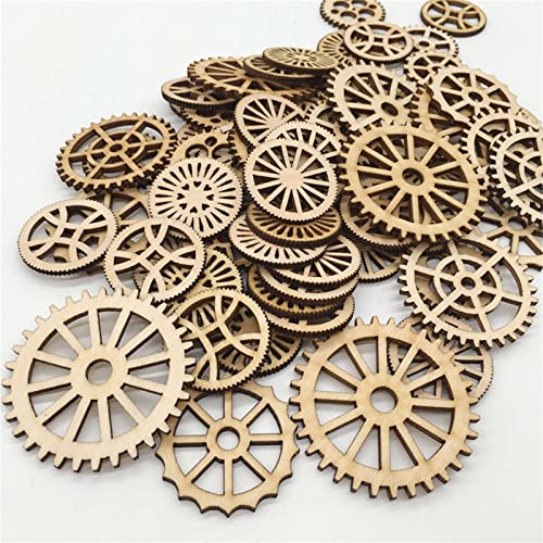 100pcs Mini Gear Wheels Wood Slices Wooden Gear Slices Embellishments Gift Unfinished Wood Ornaments for DIY Craft Decoration (Random Styles) JANOU