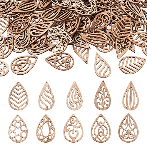 100pcs Unfinished Hollow Drop Wood Cutouts Blank Filigree Teardrop Wooden Pieces Earring Pendants for DIY Jewelry Crafts Making EEE ELECRELIVE