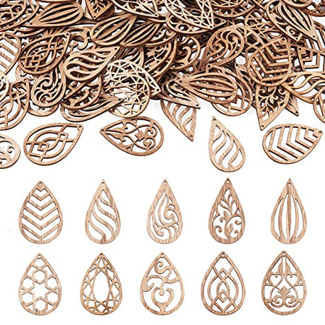 100pcs Unfinished Hollow Drop Wood Cutouts Blank Filigree Teardrop Wooden Pieces Earring Pendants for DIY Jewelry Crafts Making EEE ELECRELIVE