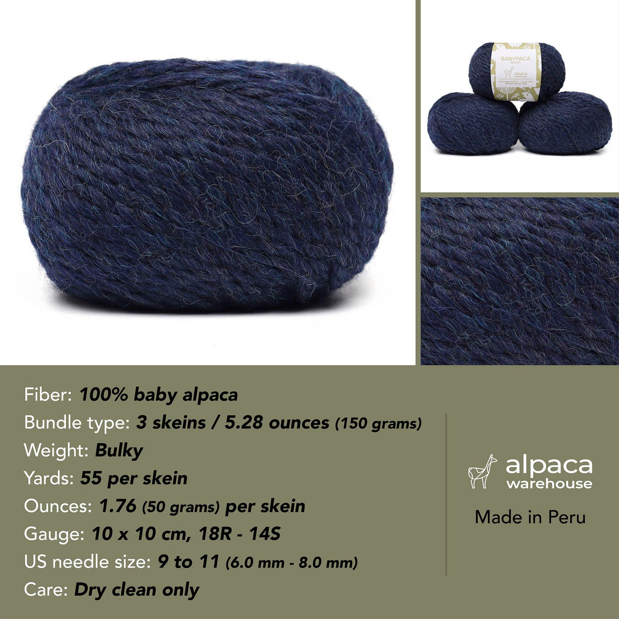 100% Baby Alpaca Yarn Wool Set of 3 Skeins Bulky Weight - Made in Peru - Heavenly Soft and Perfect for Knitting and Crocheting (Denim Blue, Bulky) Alpaca Warehouse