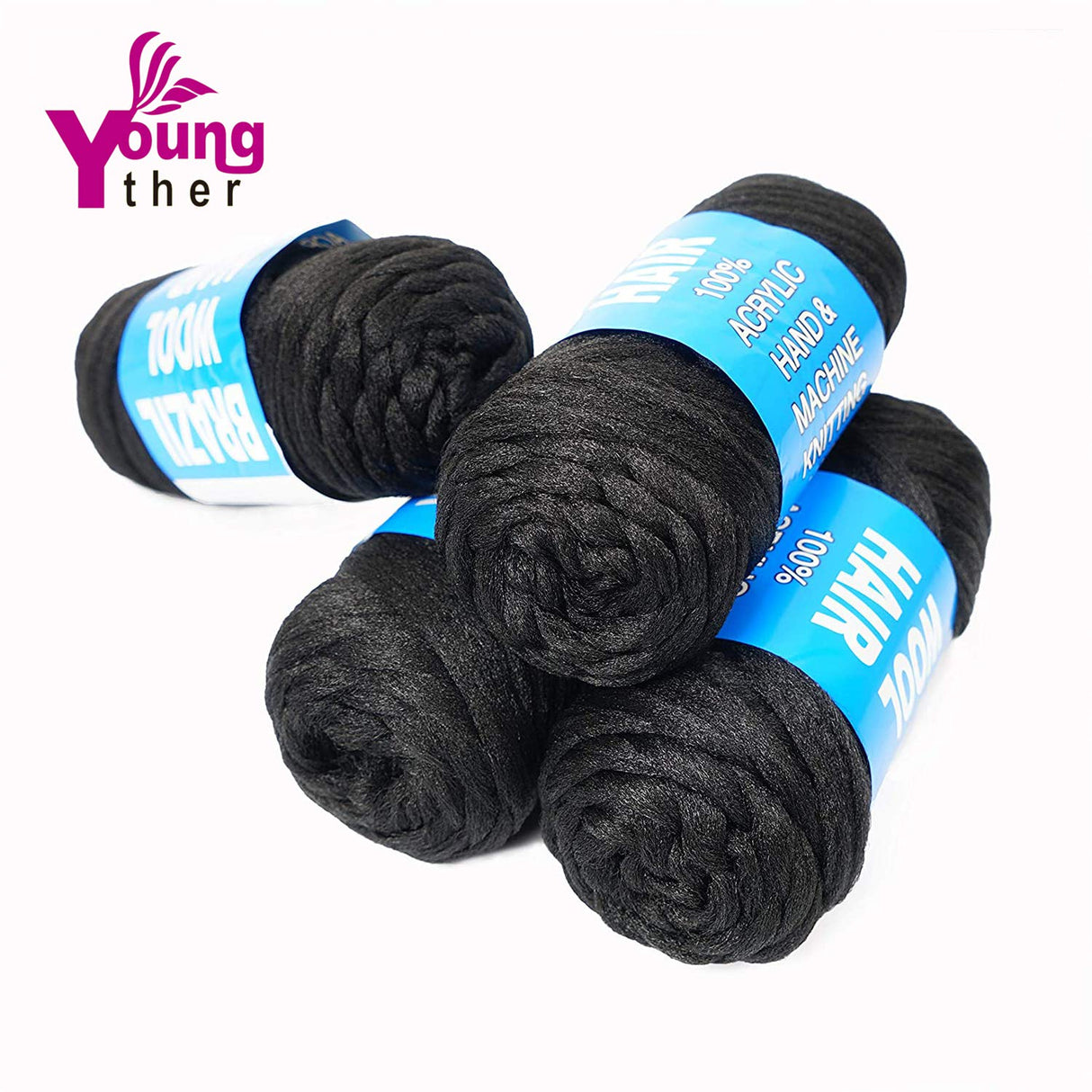 100% Brazilian Wool Hair Acrylic Yarn for African Braids/Senegalese Twist/Faux Locs/Wraps with Crochet Hook(4 Roll, Natural Black) Youngther