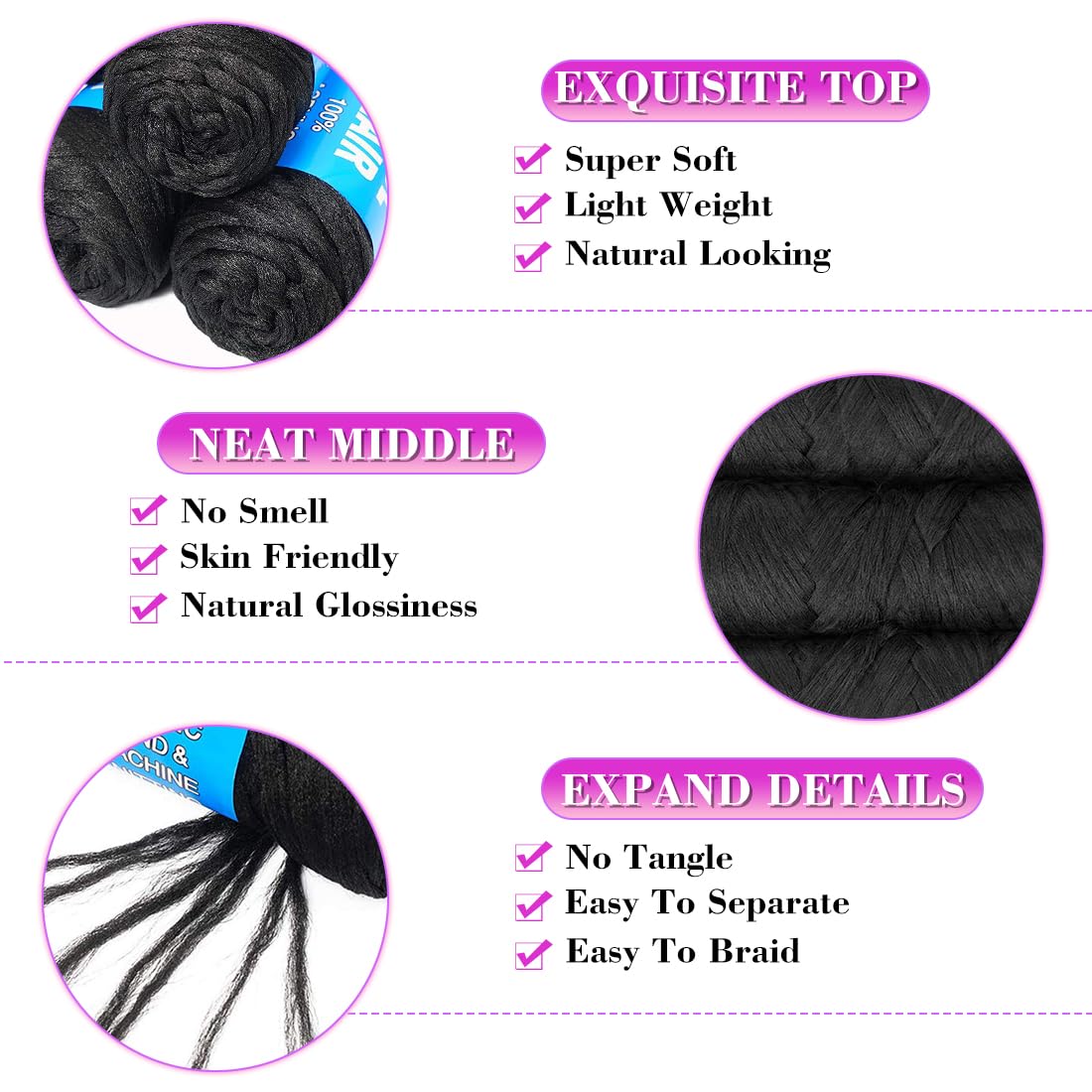 100% Brazilian Wool Hair Acrylic Yarn for African Braids/Senegalese Twist/Faux Locs/Wraps with Crochet Hook(4 Roll, Natural Black) Youngther
