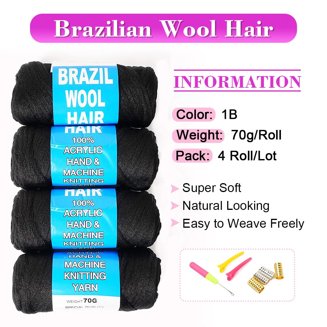 100% Brazilian Wool Hair Acrylic Yarn for African Braids/Senegalese Twist/Faux Locs/Wraps with Crochet Hook(4 Roll, Natural Black) Youngther