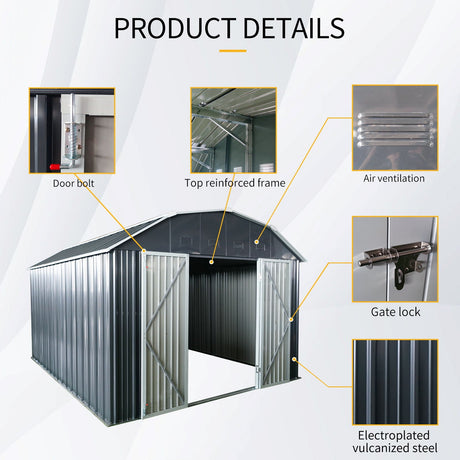 10 Ft X 12 Ft Outdoor Metal Storage Shed With Arch Roof With Lockable Doors For Backyard Garden Patio Lawn - Black HouseOfZazla
