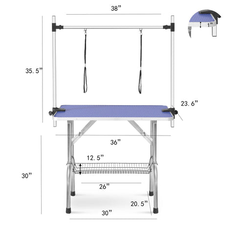 Folding Dog Pet Grooming Table Stainless Steel Frame Rubber Mat On Board With Adjustable Arm And Clamps Pet Dog Cat Grooming Table HouseOfZazla