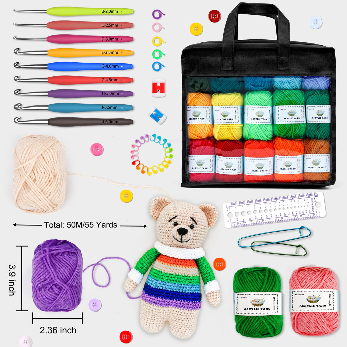 103 PCS Crochet Kit with Crochet Hooks Yarn Set, Premium Bundle Includes 1650 Yards Acrylic Yarn Skeins Balls, Needles, Accessories, Bag, Ideal Starter Pack for Kids Adults Beginner Professionals INSCRAFT