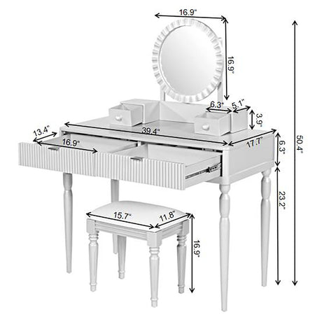 Luxury Vanity Desk With Round Mirror Height Adjustable Dressing Table Set Engineered Wood - Silver HouseOfZazla